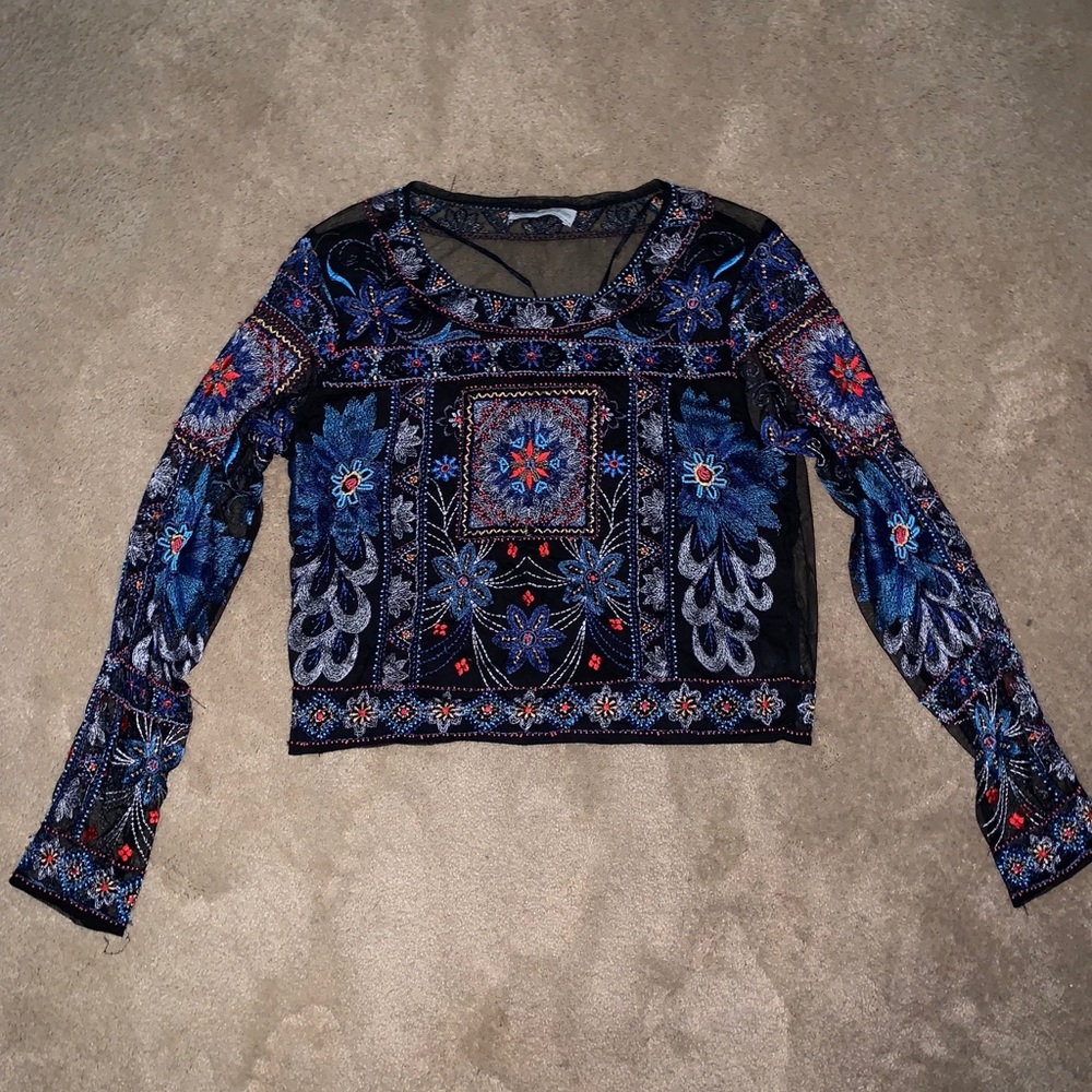 Zara Mesh Embroidered/Beaded Long Sleeve Crop Top